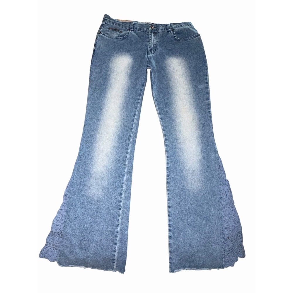 Vtg Y2K Crest Jeans Crochet Lace Flare Leg Distressed Denim Boho Sz 9/10 30x30.5